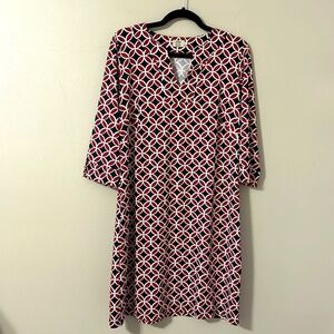 Katherine Way V-Neck Printed Dress Large Maroon & Navy Preppy Resortwear Travel